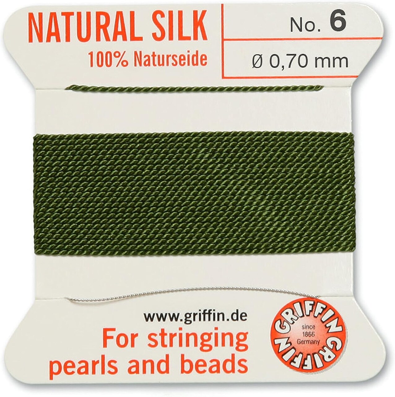 Griffin Silk Bead Cord Perlseide – Size 6 (0.70mm) – 2 Meters per Card – Stainless Steel Needle Attached – for Knotting Pearls, Gemstones, Crystals and Beads